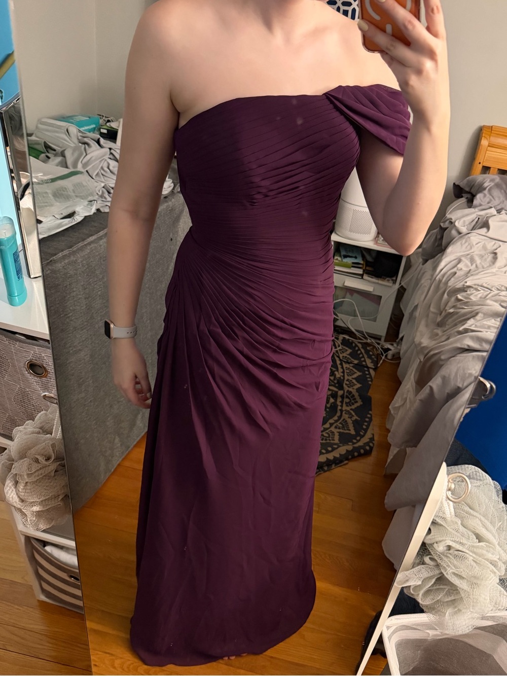 NWT! One-Shoulder Ruched Evening Gown in Deep Plum - Picture 2 of 5